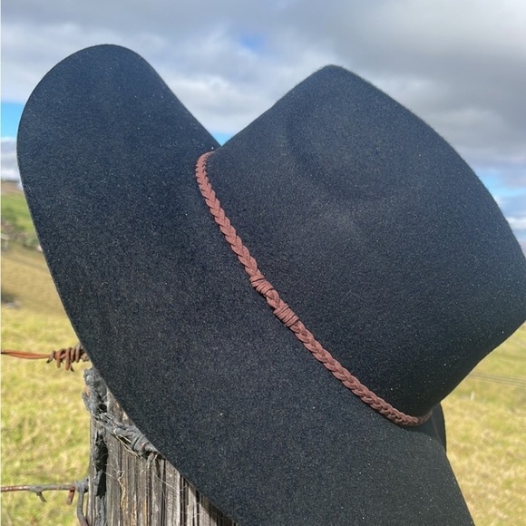 NEW Wool Black felt wide brim panama hat with suede braided ribbon detail - Picture 6 of 6